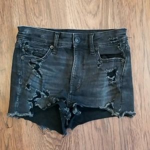 American Eagle Hi Rise Shortie Size 4 Ripped Style Black Jean Shorts